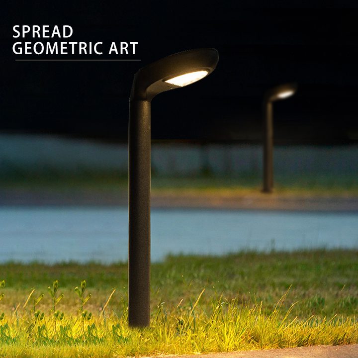 Illustration of illuminated curved-head lamps beside a garden path.