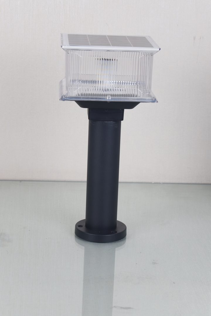 Square ribbed lamp pictured with a top panel, cylindrical post and round flange.