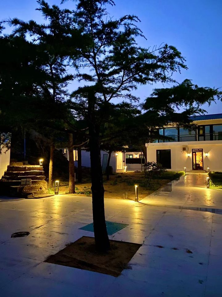 Factory-supplied reference showing illuminated open-frame bollards around a courtyard.