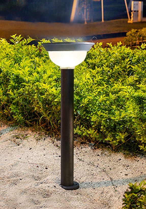 Bowl-shaped bollard beside planting, illustrative setting (illustration).