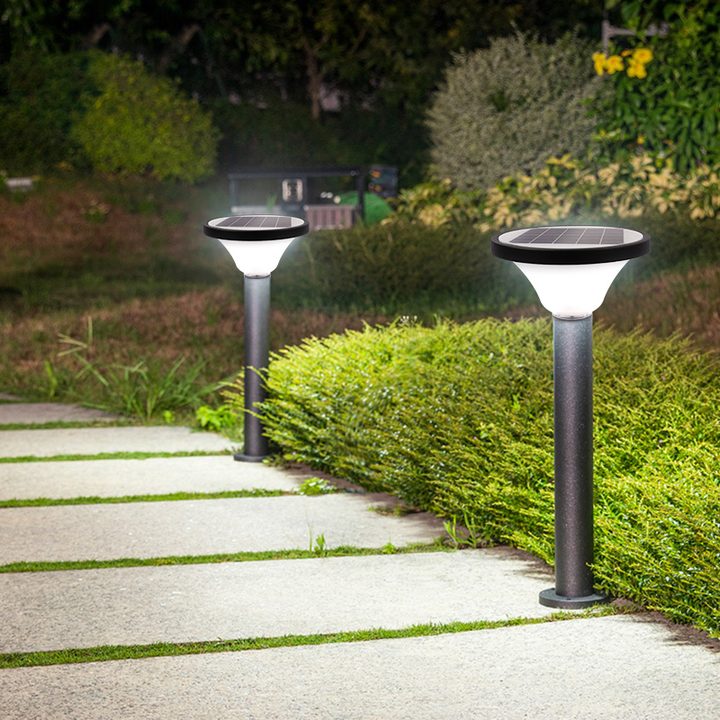 Round-top lamps along a garden path, placement illustration.