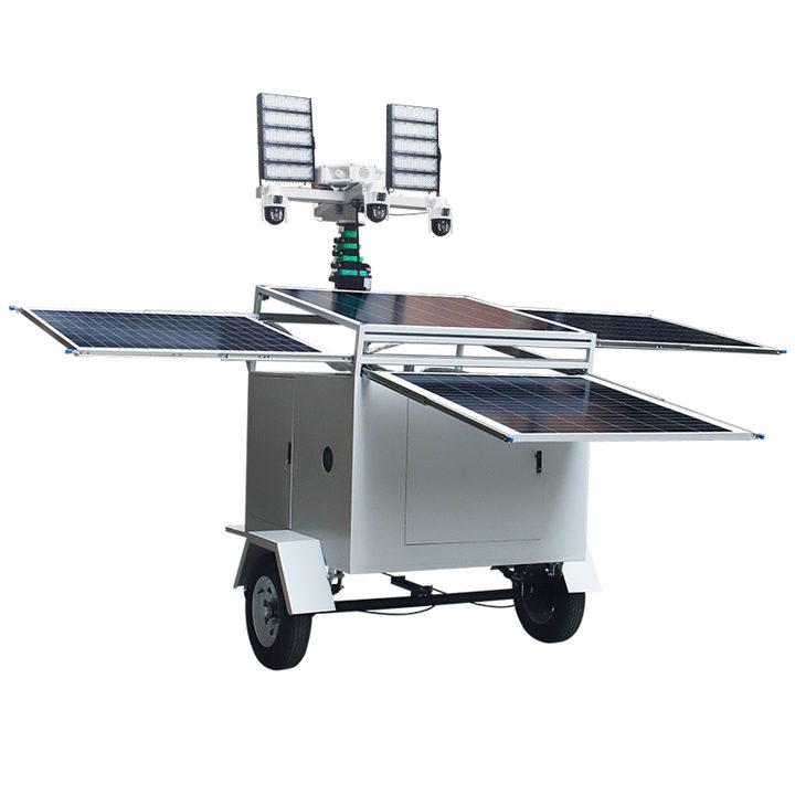 Solar mobile light tower with deployed panels and raised light heads