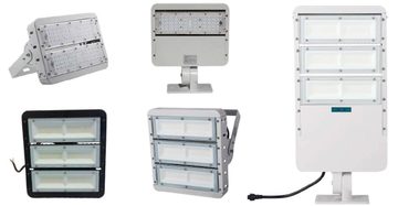 M6 LED flood-light family showing bracket and base forms