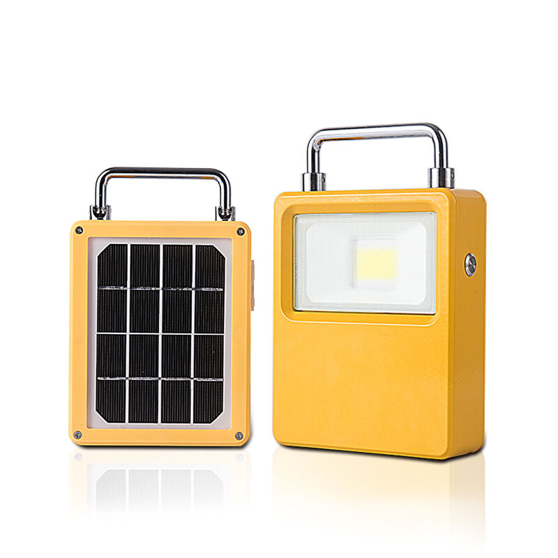 Front and rear views of a PR-series portable light with a carrying handle and rear solar panel.