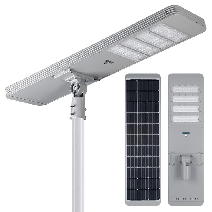 TR300C all-in-one solar street light with front, rear and pole-mounted views