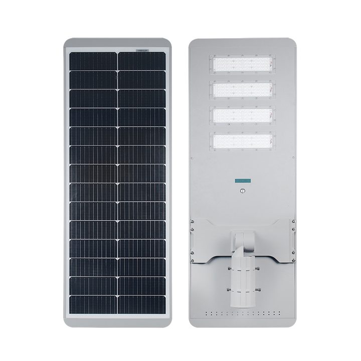 TR408 all-in-one solar street light shown from the front and solar-panel sides