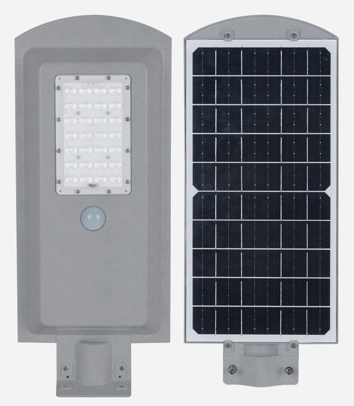 Integrated street light with rear panel and pole mount.