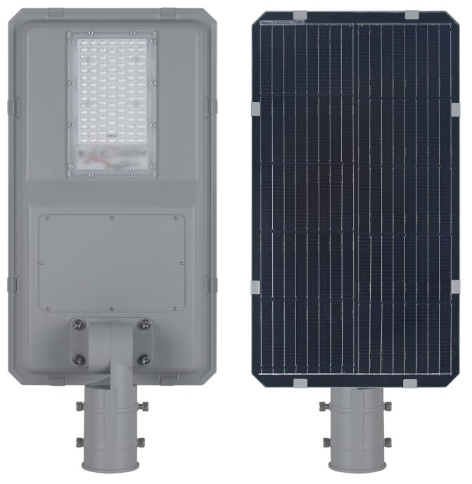 Integrated street light with rear panel and pole mount.