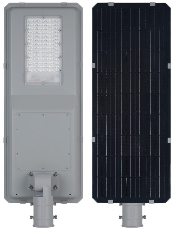 Integrated street light with rear panel and pole mount.