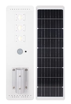 Integrated street light with rear panel and pole mount.