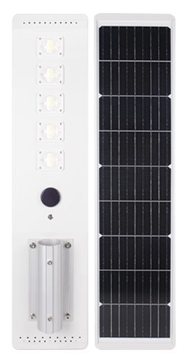 Integrated street light with rear panel and pole mount.