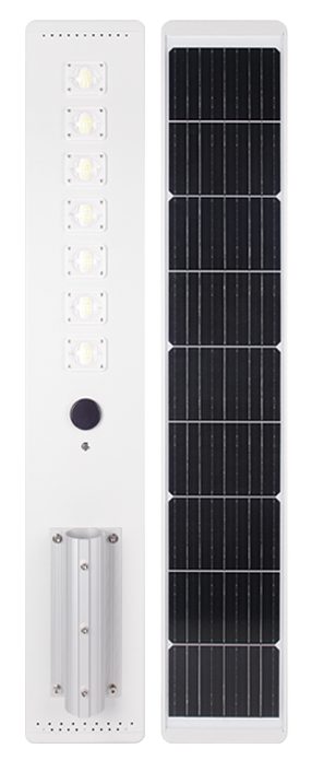 Integrated street light with rear panel and pole mount.
