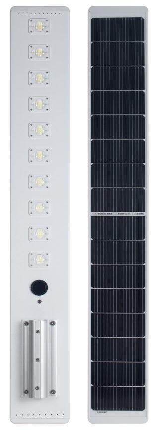 Integrated street light with rear panel and pole mount.