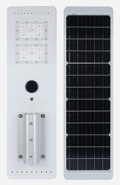 Integrated street light with rear panel and pole mount.