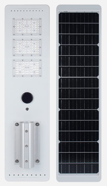 Integrated street light with rear panel and pole mount.