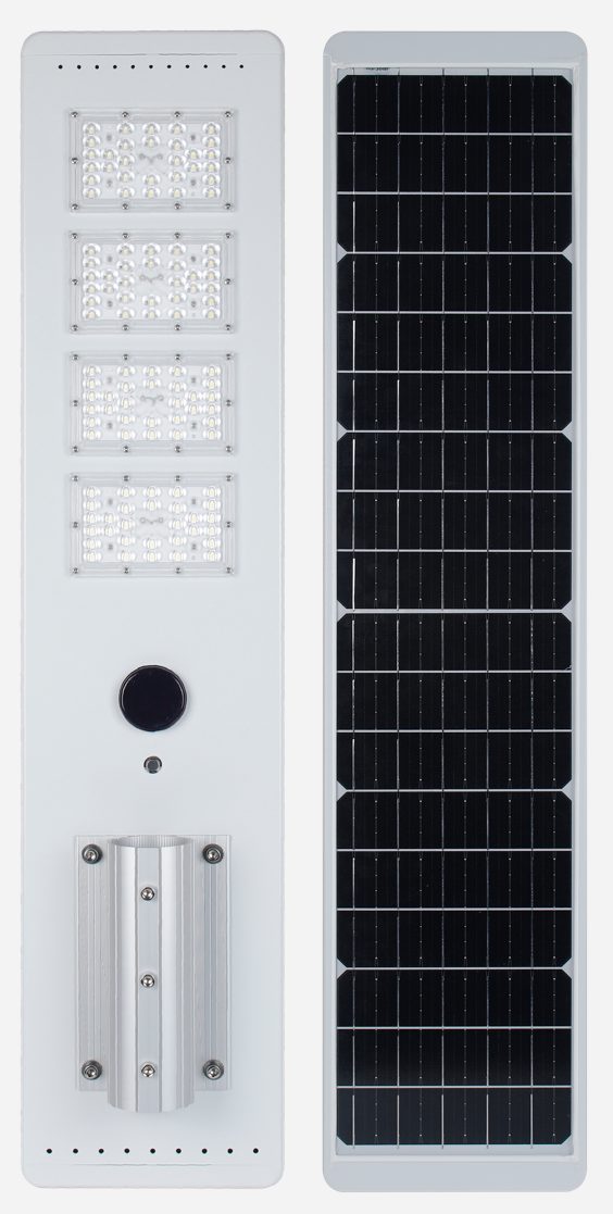 Integrated street light with rear panel and pole mount.