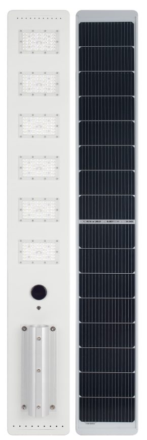 Integrated street light with rear panel and pole mount.