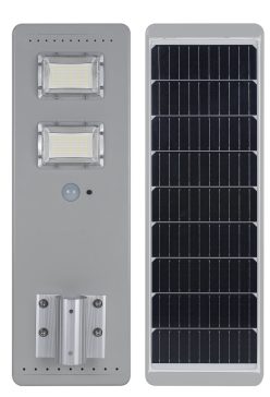 Integrated street light with rear panel and pole mount.
