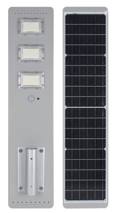 Integrated street light with rear panel and pole mount.