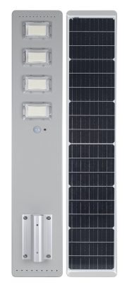 Integrated street light with rear panel and pole mount.