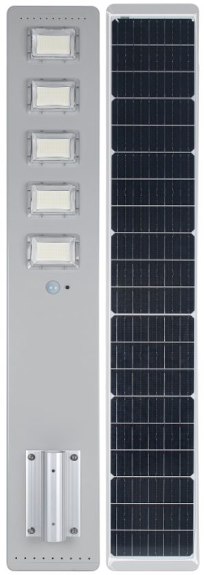 Integrated street light with rear panel and pole mount.